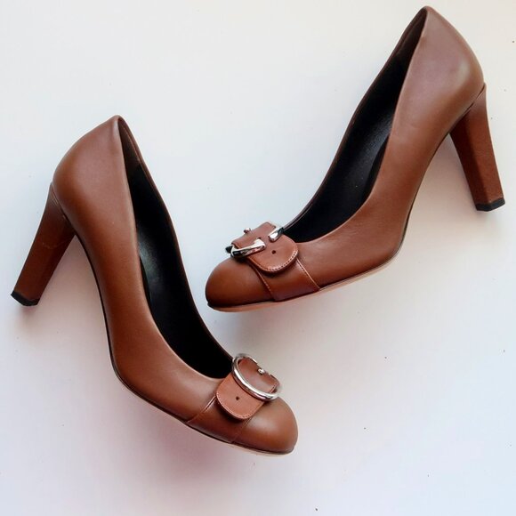Gucci Brown Leather Block Heel Pumps Logo Buckle Designer Office Party Shoes 7.5 - Picture 2 of 16
